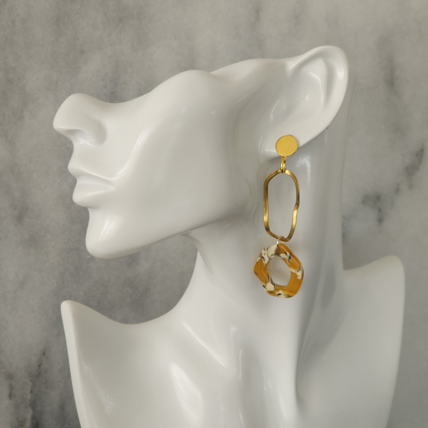 Gold & Amber Resin Three-Tier Drop Earrings with Circle Studs