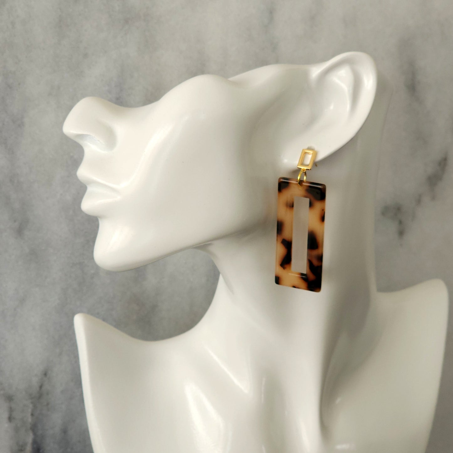 Blonde Tortoiseshell Resin Open Rectangle Drop Earrings with Gold Square Studs