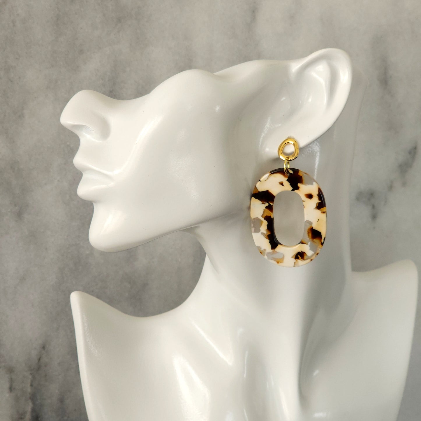 Tortoiseshell Resin Open Oval Drop Earrings with Gold Studs