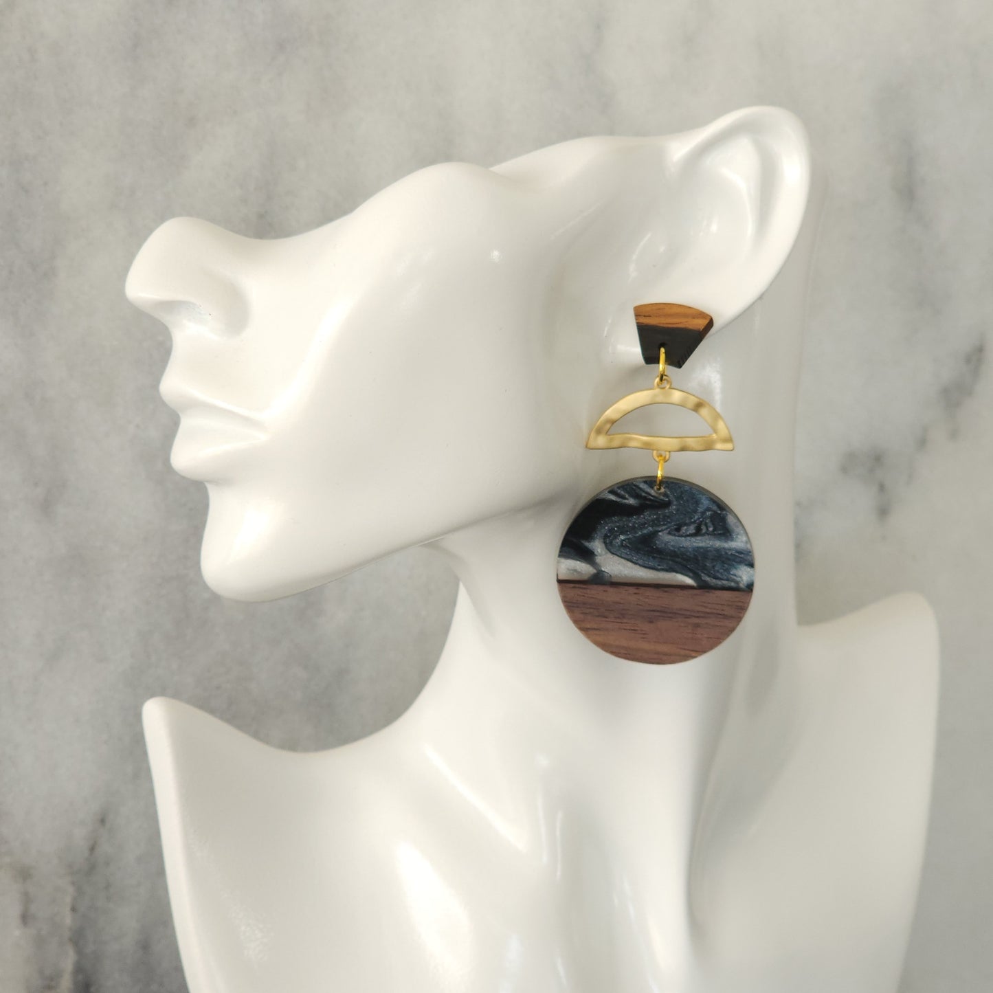 Black Marble & Wood Resin Round Drop Earrings with Gold Arch & Wood Fan Studs