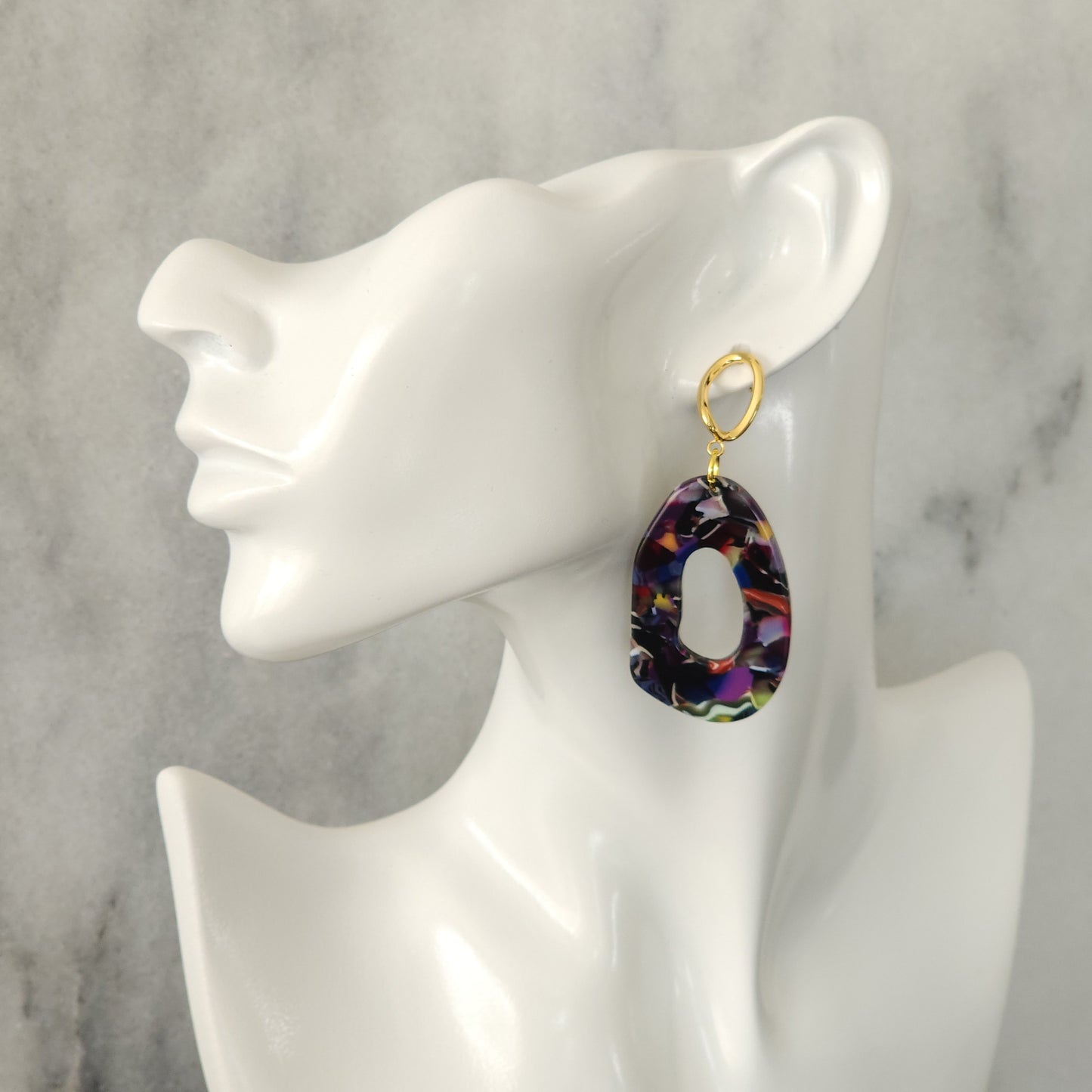 Multicolor Confetti Resin Open Oval Drop Earrings with Gold Studs