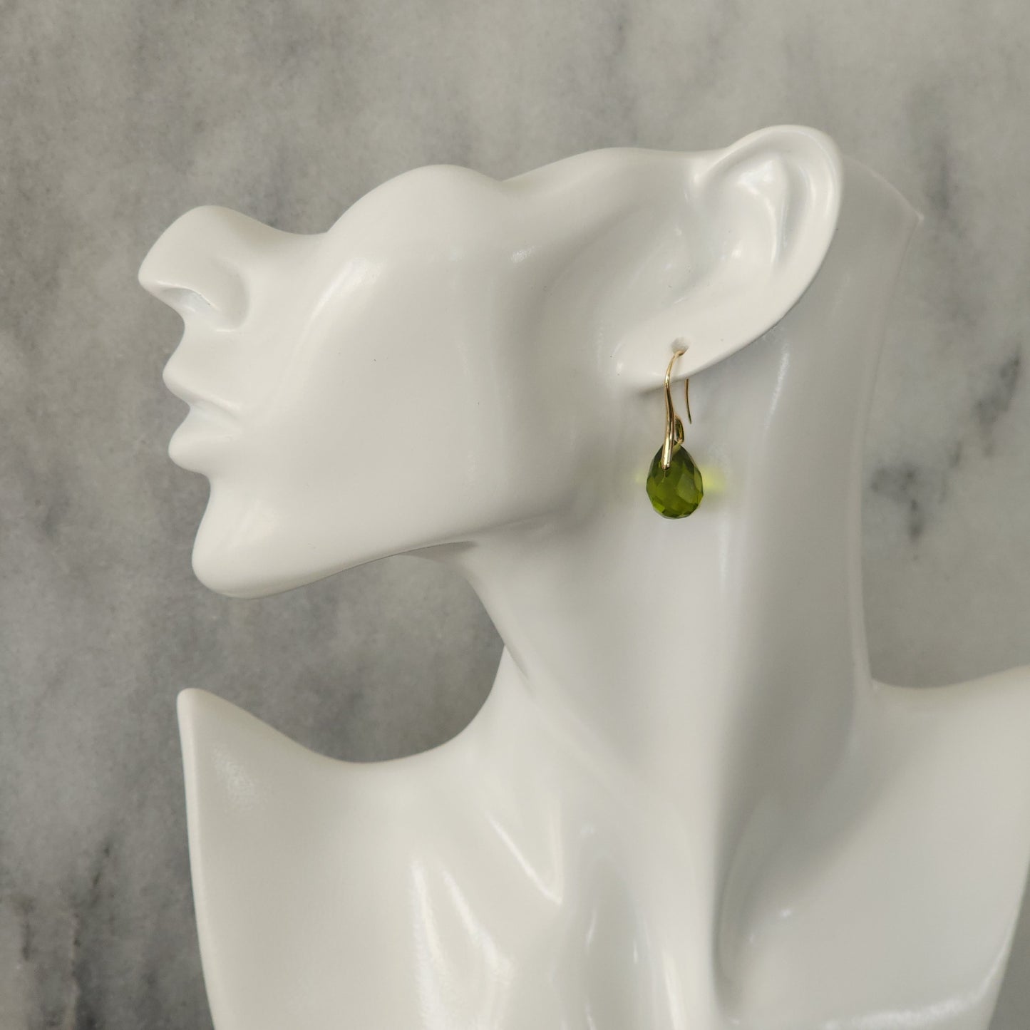 Peridot Green Faceted Crystal Teardrop Earrings with Gold Wire Hooks