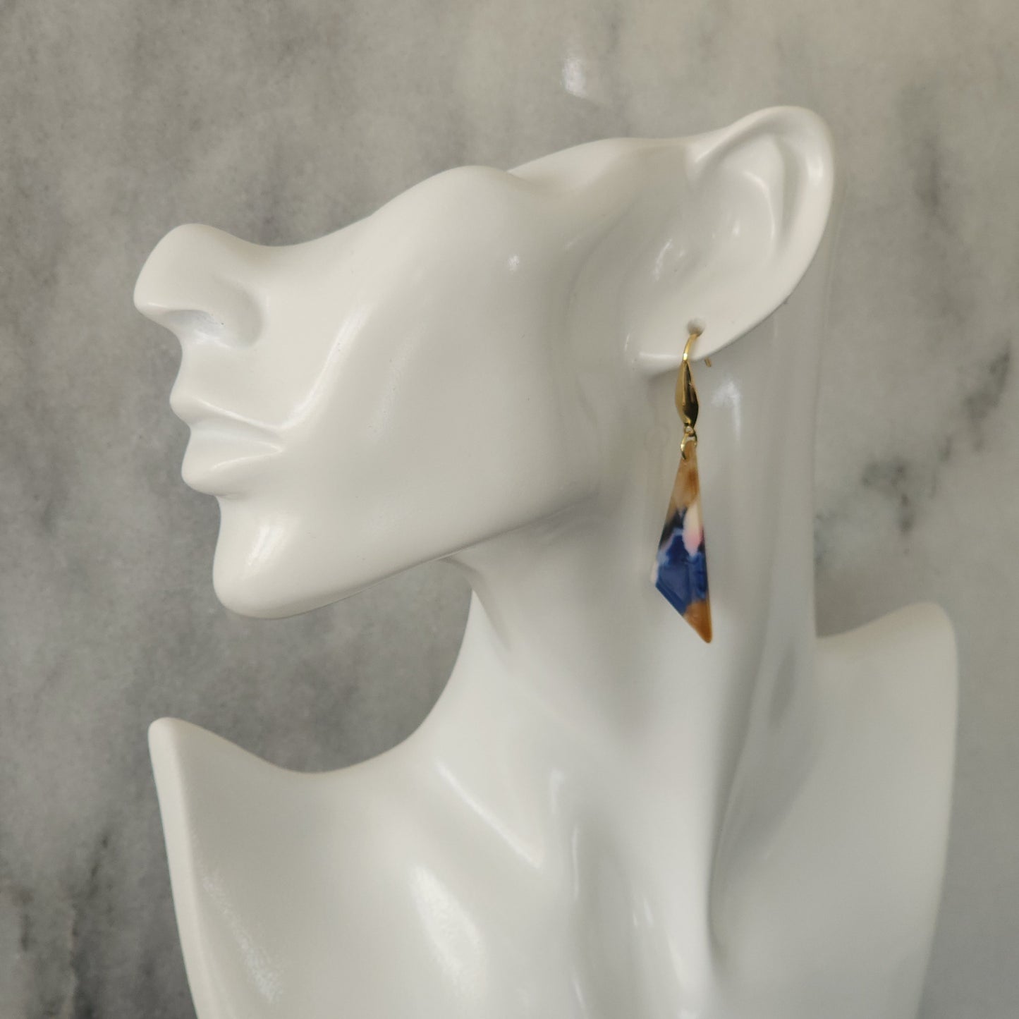 Blue & Gold Marble Resin Kite Drop Earrings with French Fish Hook Ear Wires