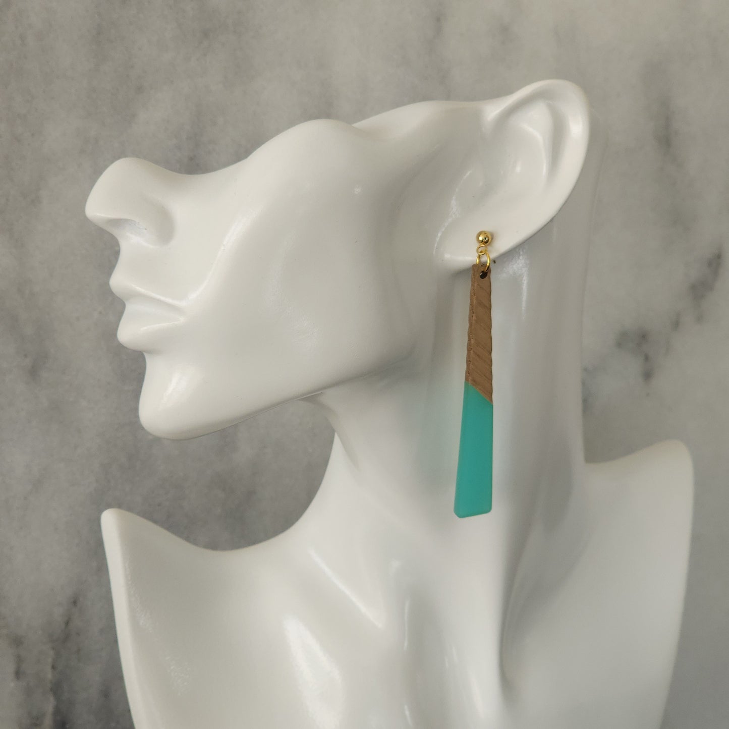 Teal & Wood Long Tapered Drop Earrings with Gold Ball Studs