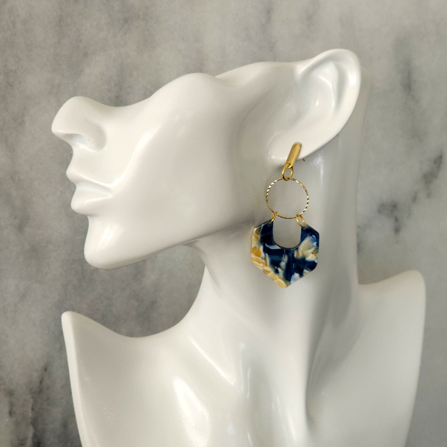 Navy & Cream Resin Diamond Drop Earrings with Gold Hoop & Bar Studs