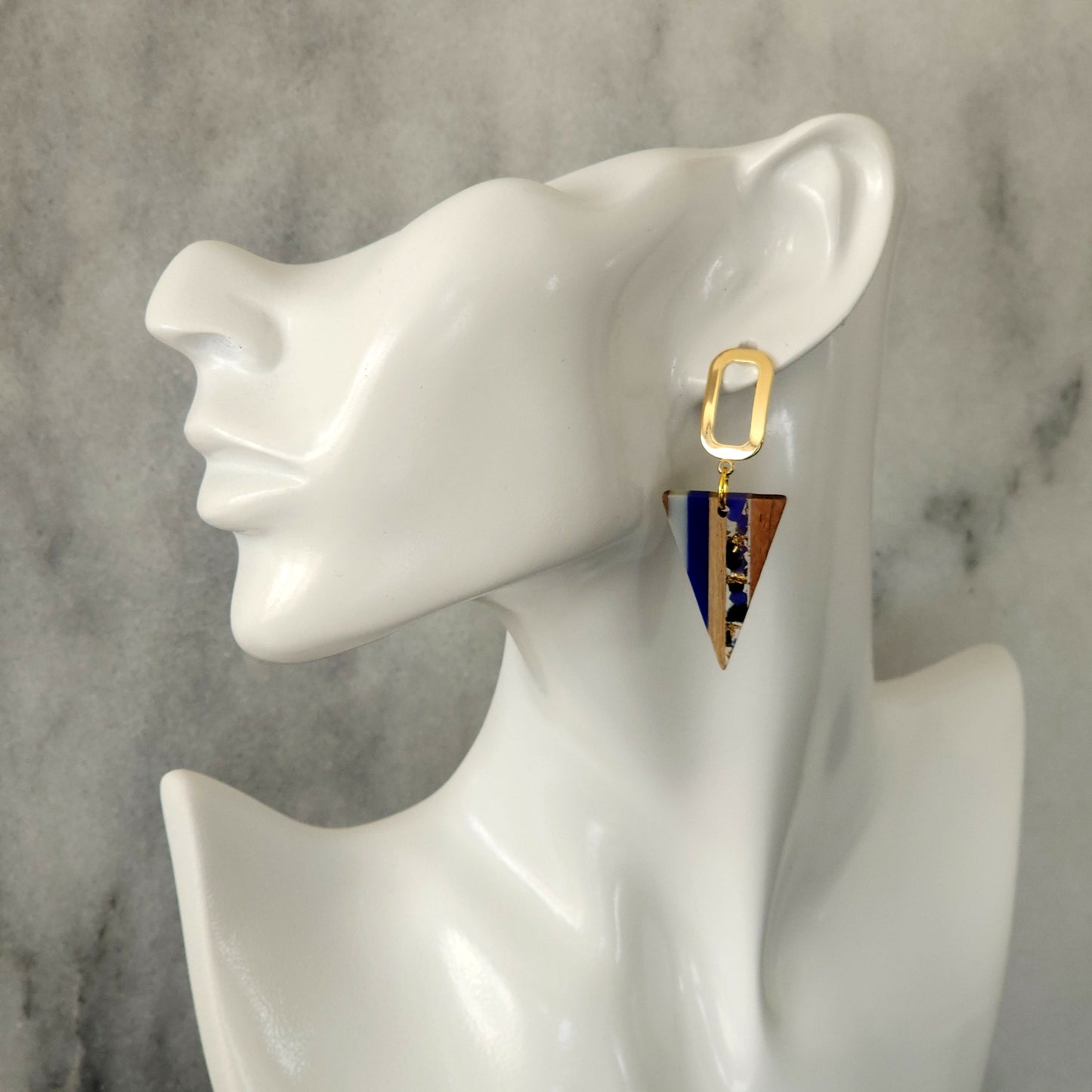 Blue & Wood Resin Triangle Drop Earrings with Gold Rectangle Studs
