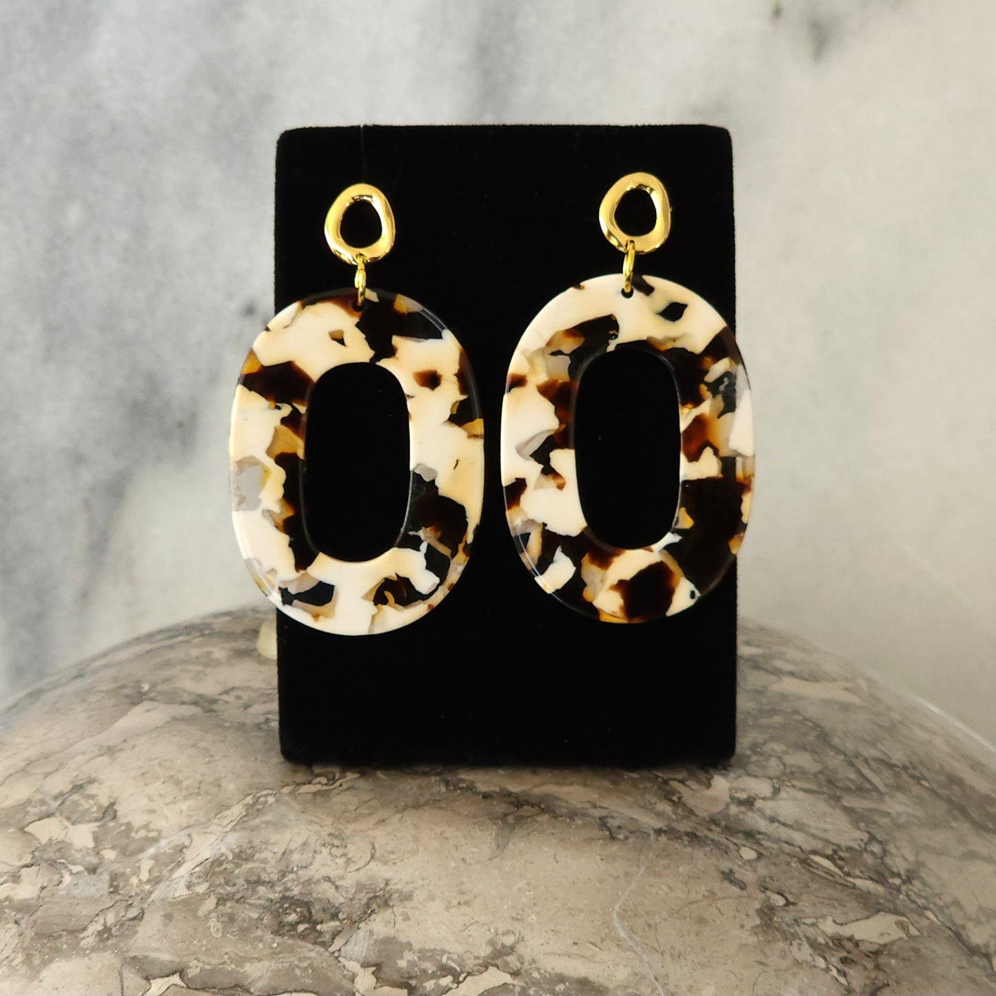 Tortoiseshell Resin Open Oval Drop Earrings with Gold Studs