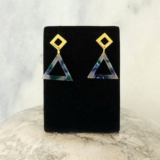 Blue Marble Resin Open Triangle Drop Earrings with Gold Diamond Studs
