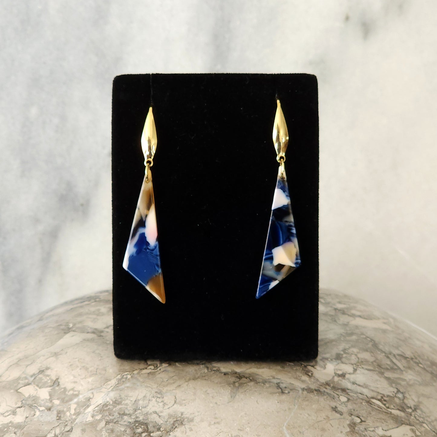 Blue & Gold Marble Resin Kite Drop Earrings with French Fish Hook Ear Wires