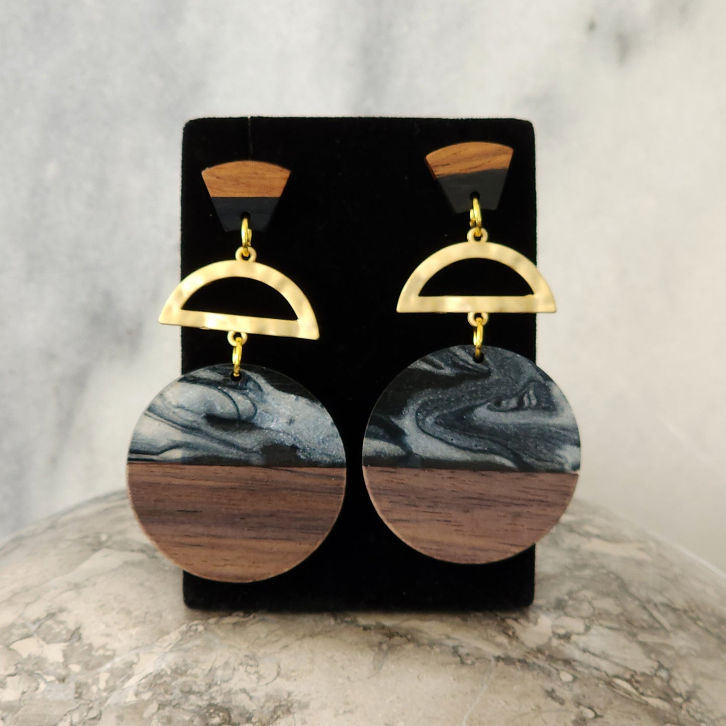 Black Marble & Wood Resin Round Drop Earrings with Gold Arch & Wood Fan Studs