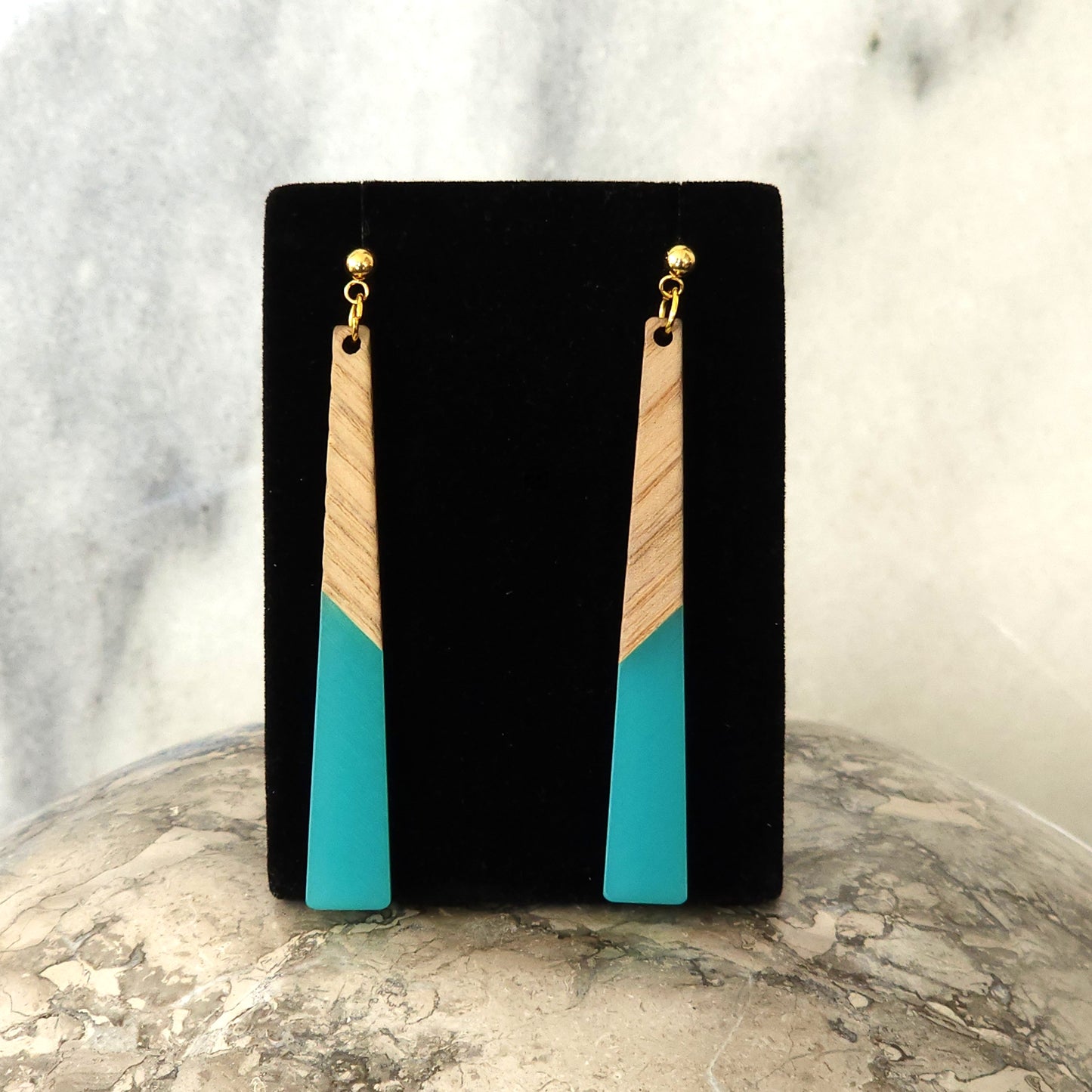 Teal & Wood Long Tapered Drop Earrings with Gold Ball Studs