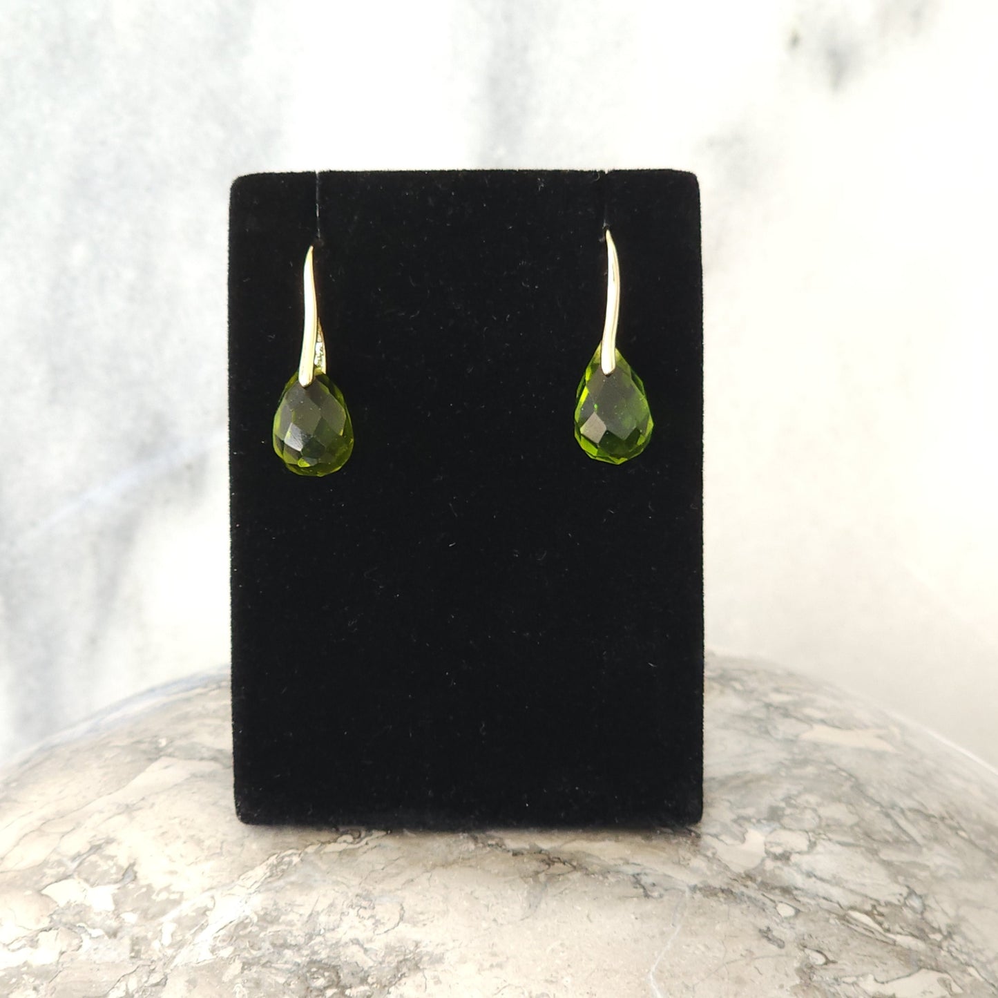 Peridot Green Faceted Crystal Teardrop Earrings with Gold Wire Hooks