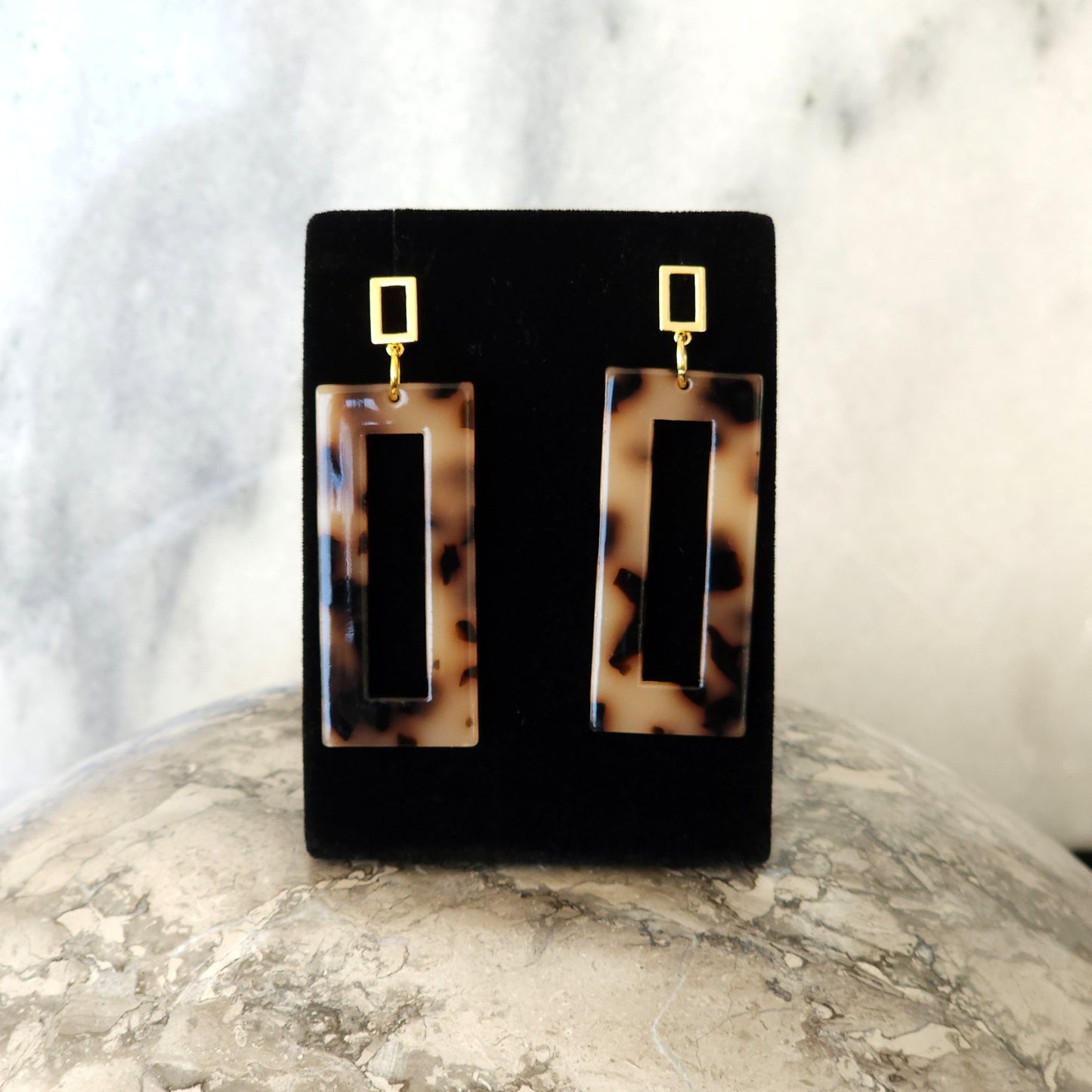 Blonde Tortoiseshell Resin Open Rectangle Drop Earrings with Gold Square Studs