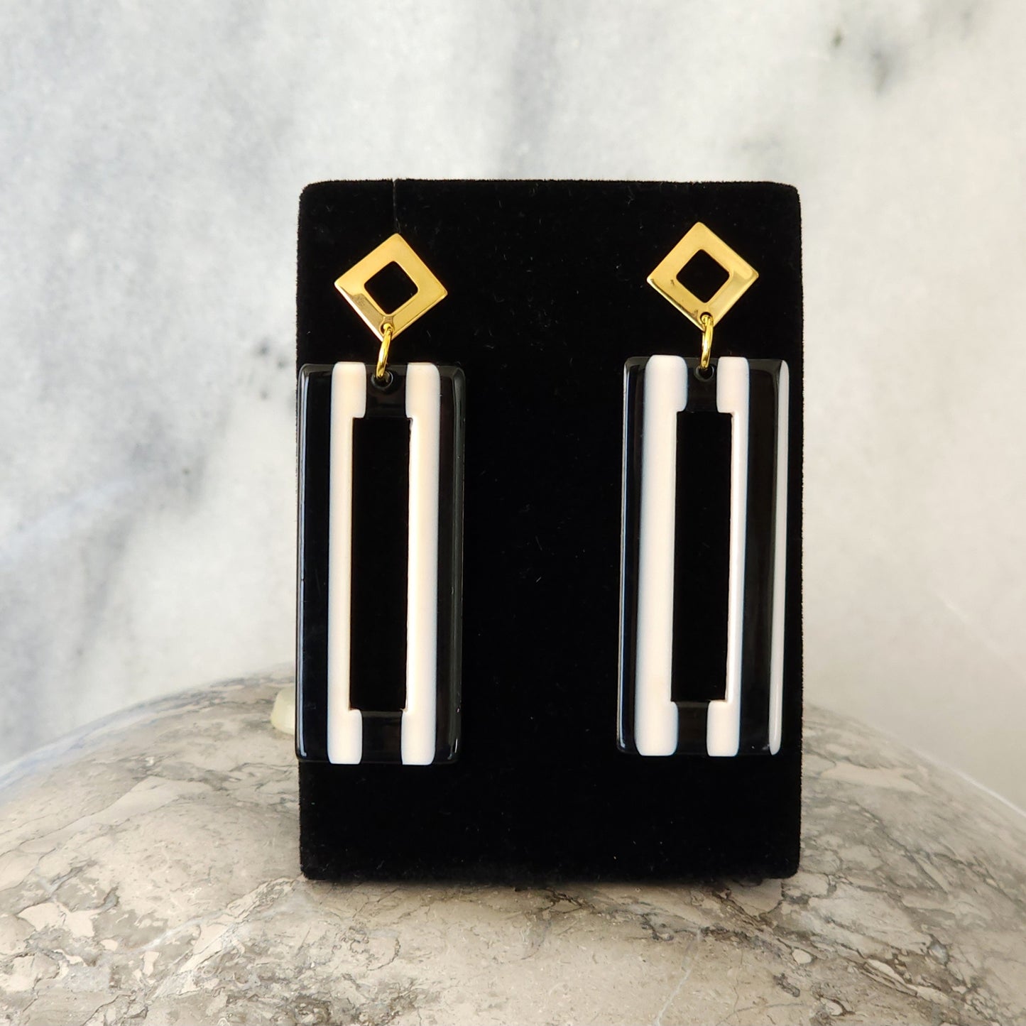 Black & White Stripe Resin Open Rectangle Drop Earrings with Gold Diamond Studs