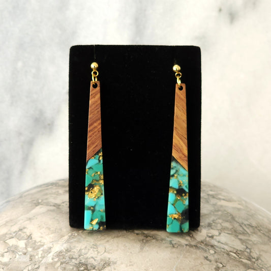 Turquoise & Gold Flake Wood Resin Long Tapered Drop Earrings with Gold Ball Studs