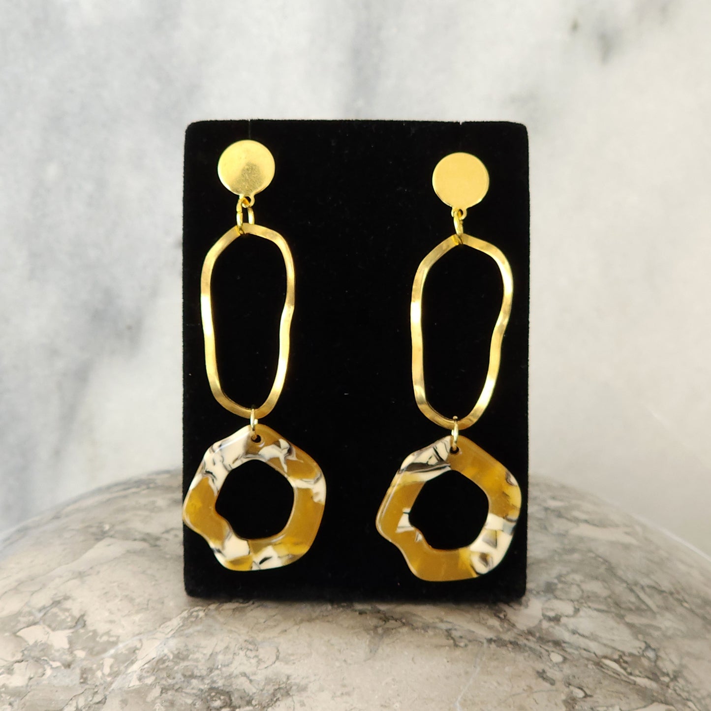 Gold & Amber Resin Three-Tier Drop Earrings with Circle Studs