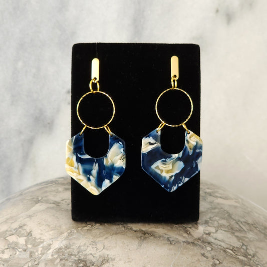 Navy & Cream Resin Diamond Drop Earrings with Gold Hoop & Bar Studs