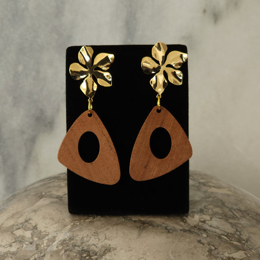 Natural Wood Open Triangle Drop Earrings with Gold Flower Studs
