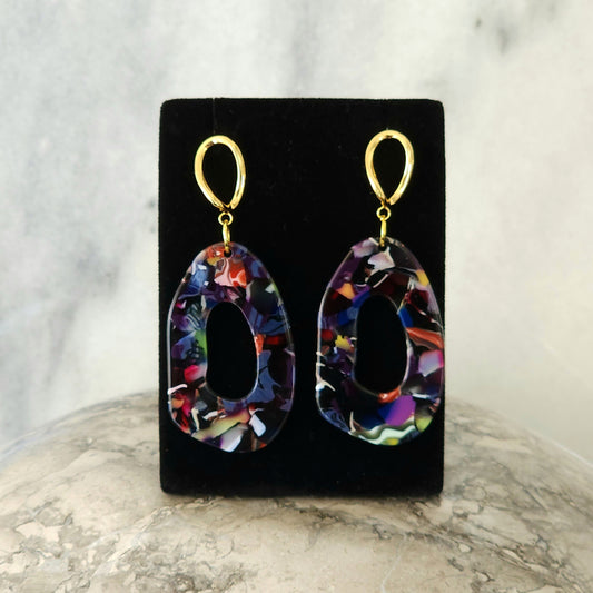 Multicolor Confetti Resin Open Oval Drop Earrings with Gold Studs