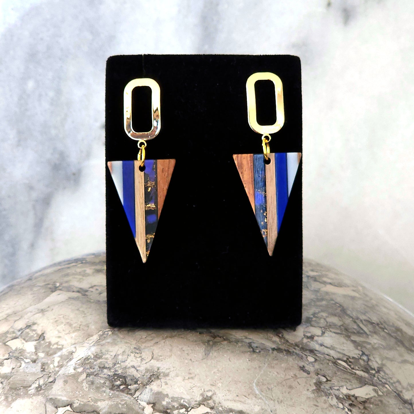 Blue & Wood Resin Triangle Drop Earrings with Gold Rectangle Studs