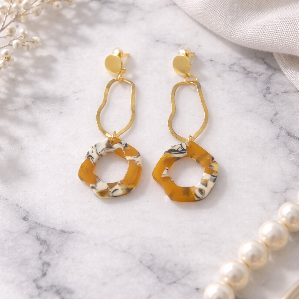 Gold & Amber Resin Three-Tier Drop Earrings with Circle Studs
