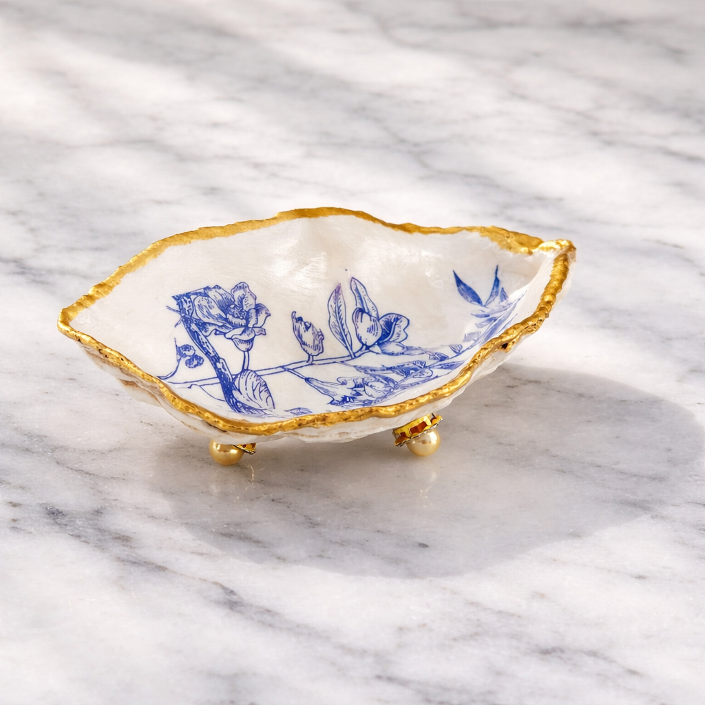 Oyster Shell Trinket Dish - Blue Toile Botanical with Gold Edge & Pearl Feet