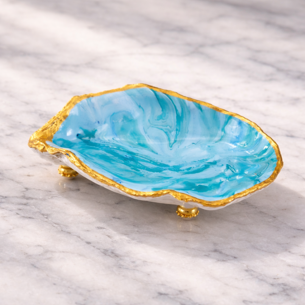 Oyster Shell Trinket Dish - Turquoise Ocean Swirl with Gold Edge & Feet