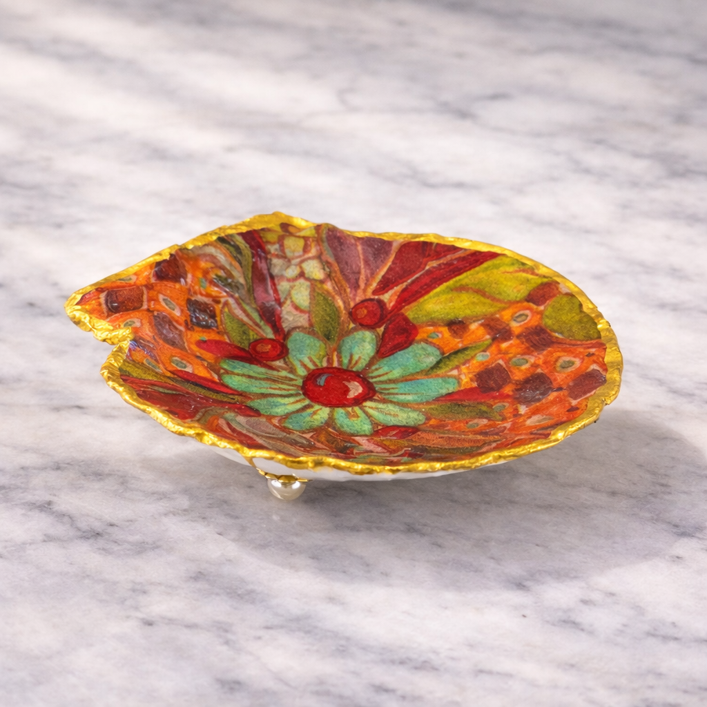 Scallop Shell Trinket Dish - Boho Floral Mosaic with Gold Edge & Pearl Feet