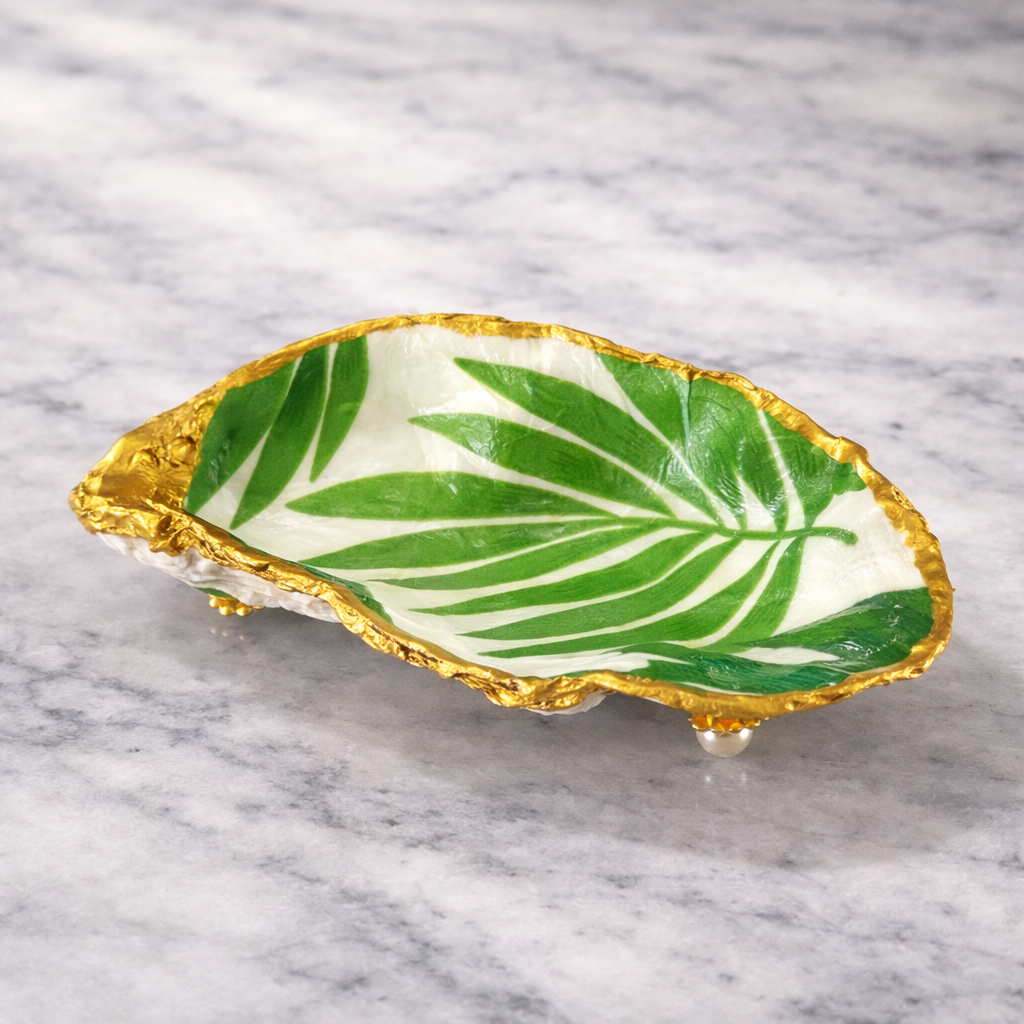 Oyster Shell Trinket Dish - Tropical Palm Leaf with Gold Edge & Pearl Feet
