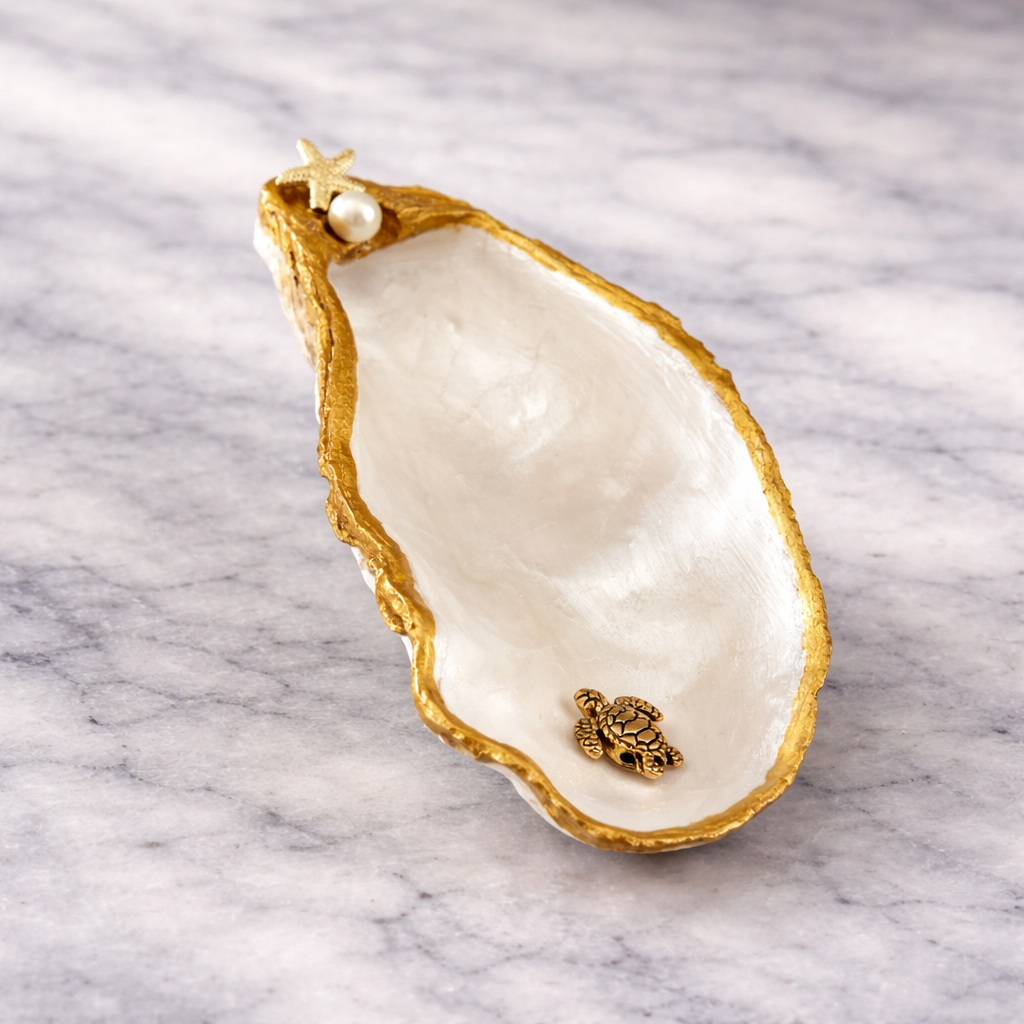 Oyster Shell Trinket Dish - Pearl White & Gold with Sea Turtle Charm