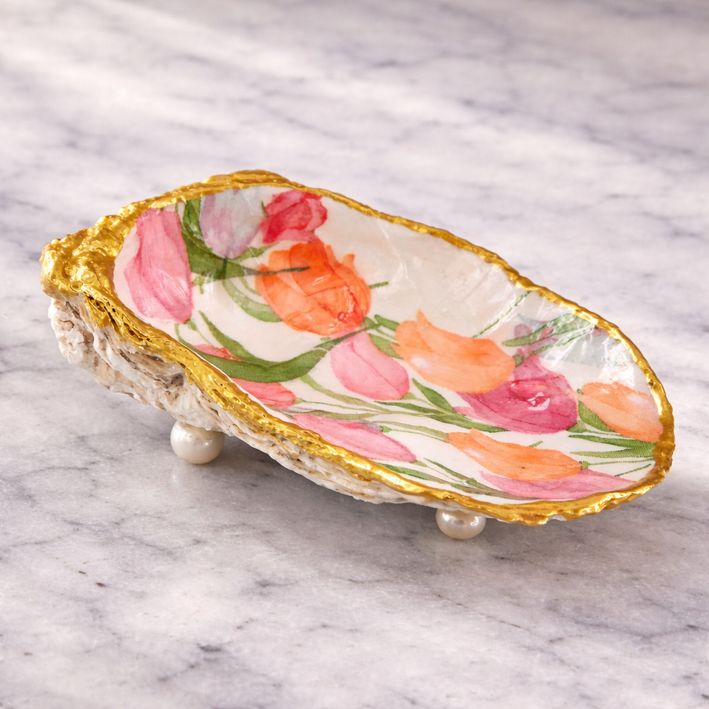 Oyster Shell Trinket Dish - Tulip Floral with Gold Edge & Pearl Feet