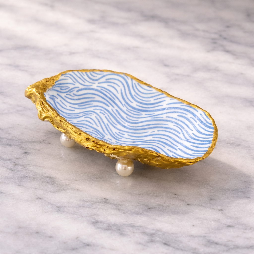 Oyster Shell Trinket Dish - Gold & Blue Wave with Pearl Feet