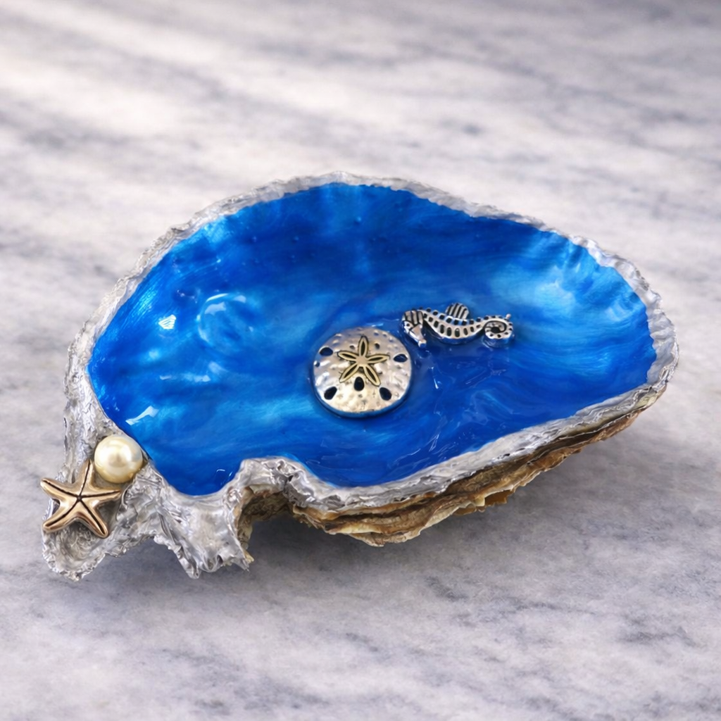 Ocean Blue Oyster Shell Trinket Dish with Coastal Charms