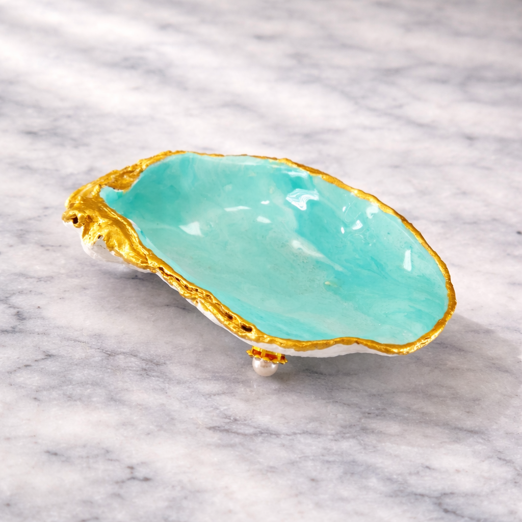 Oyster Shell Trinket Dish - Mint Green with Gold Edge & Pearl Feet