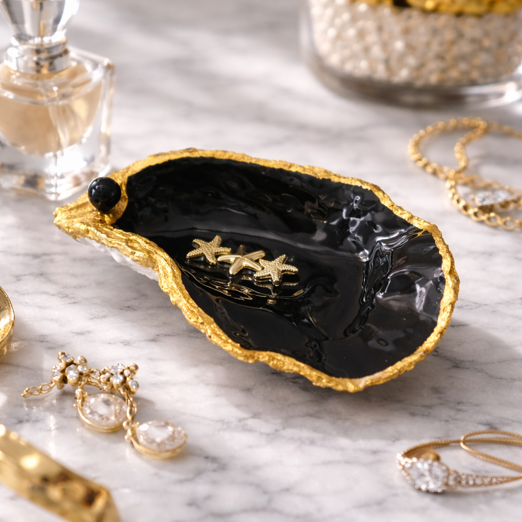 Oyster Shell Trinket Dish - Matte Black & Gold with Starfish Charms
