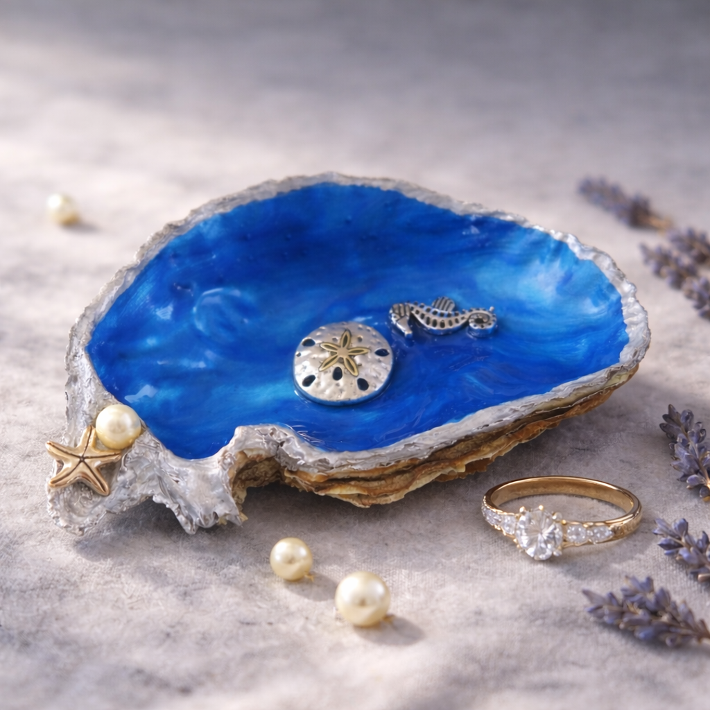 Ocean Blue Oyster Shell Trinket Dish with Coastal Charms
