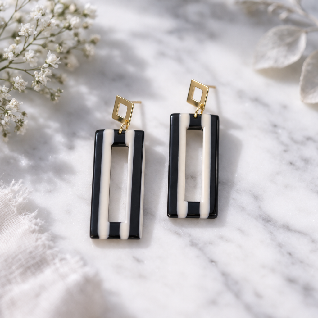 Black & White Stripe Resin Open Rectangle Drop Earrings with Gold Diamond Studs