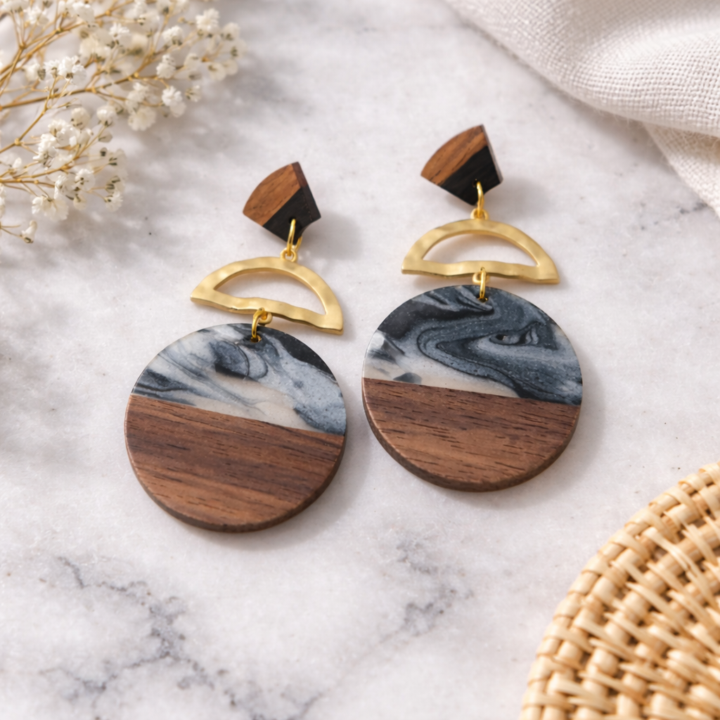 Black Marble & Wood Resin Round Drop Earrings with Gold Arch & Wood Fan Studs