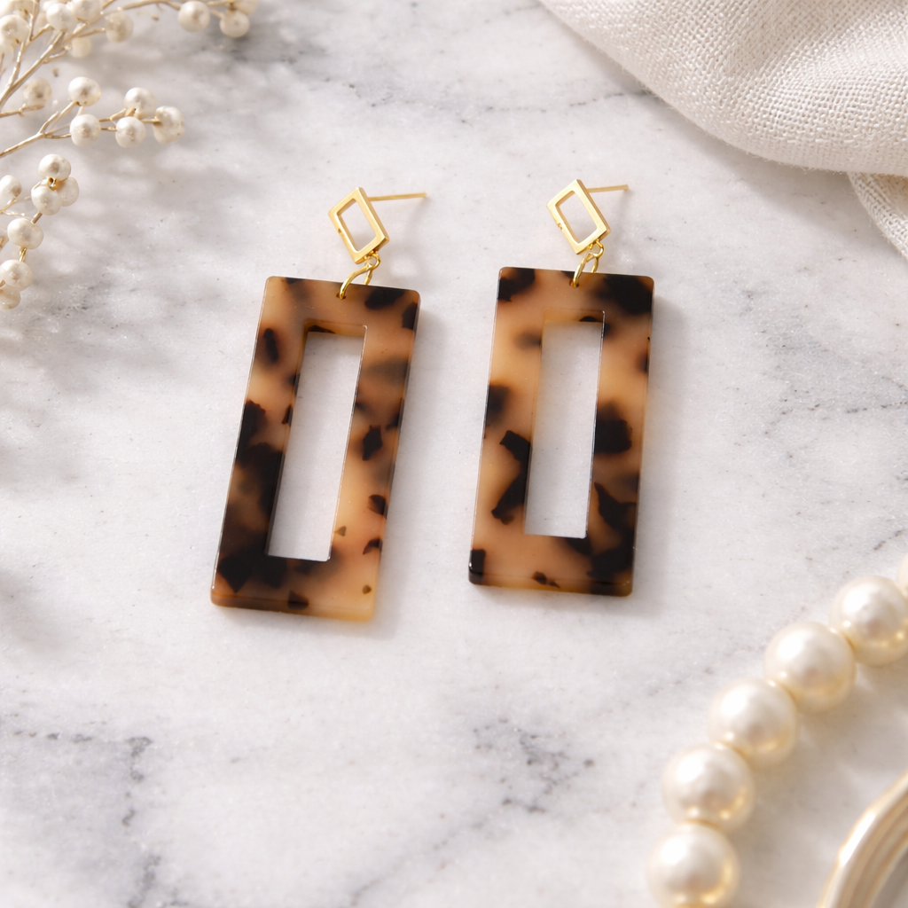 Blonde Tortoiseshell Resin Open Rectangle Drop Earrings with Gold Square Studs