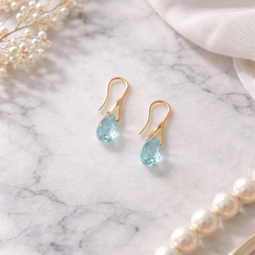 Teal Faceted Crystal Teardrop Earrings with Gold Wire Hooks