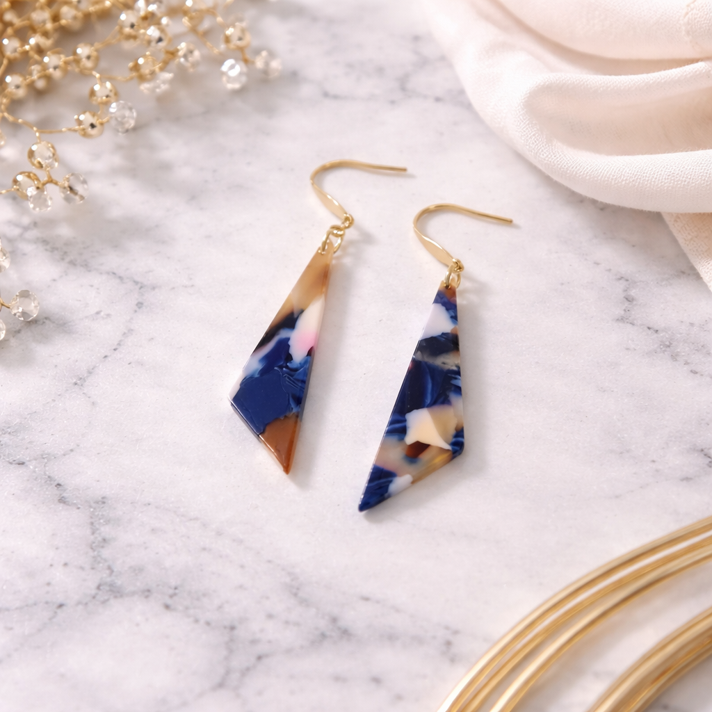 Blue & Gold Marble Resin Kite Drop Earrings with French Fish Hook Ear Wires