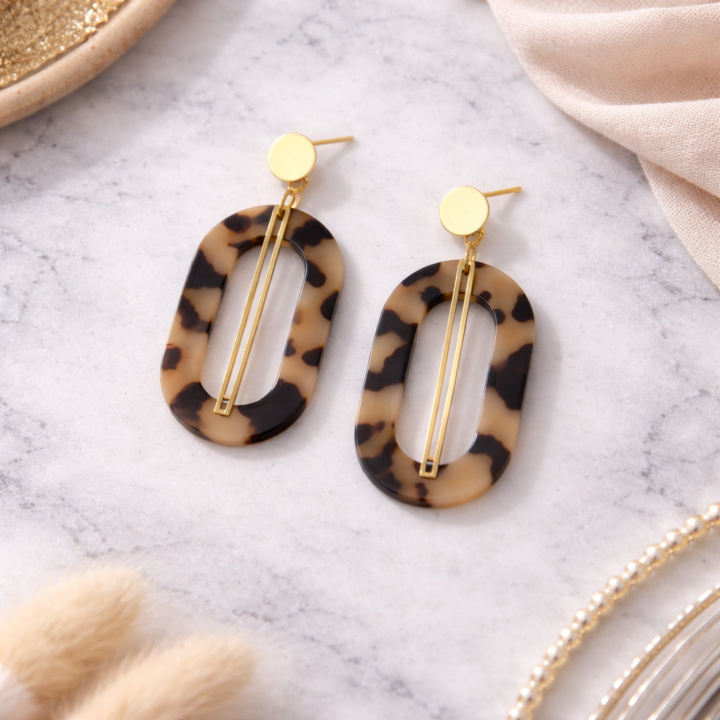 Blonde Tortoiseshell Resin Open Oval Drop Earrings with Gold Bar & Circle Studs