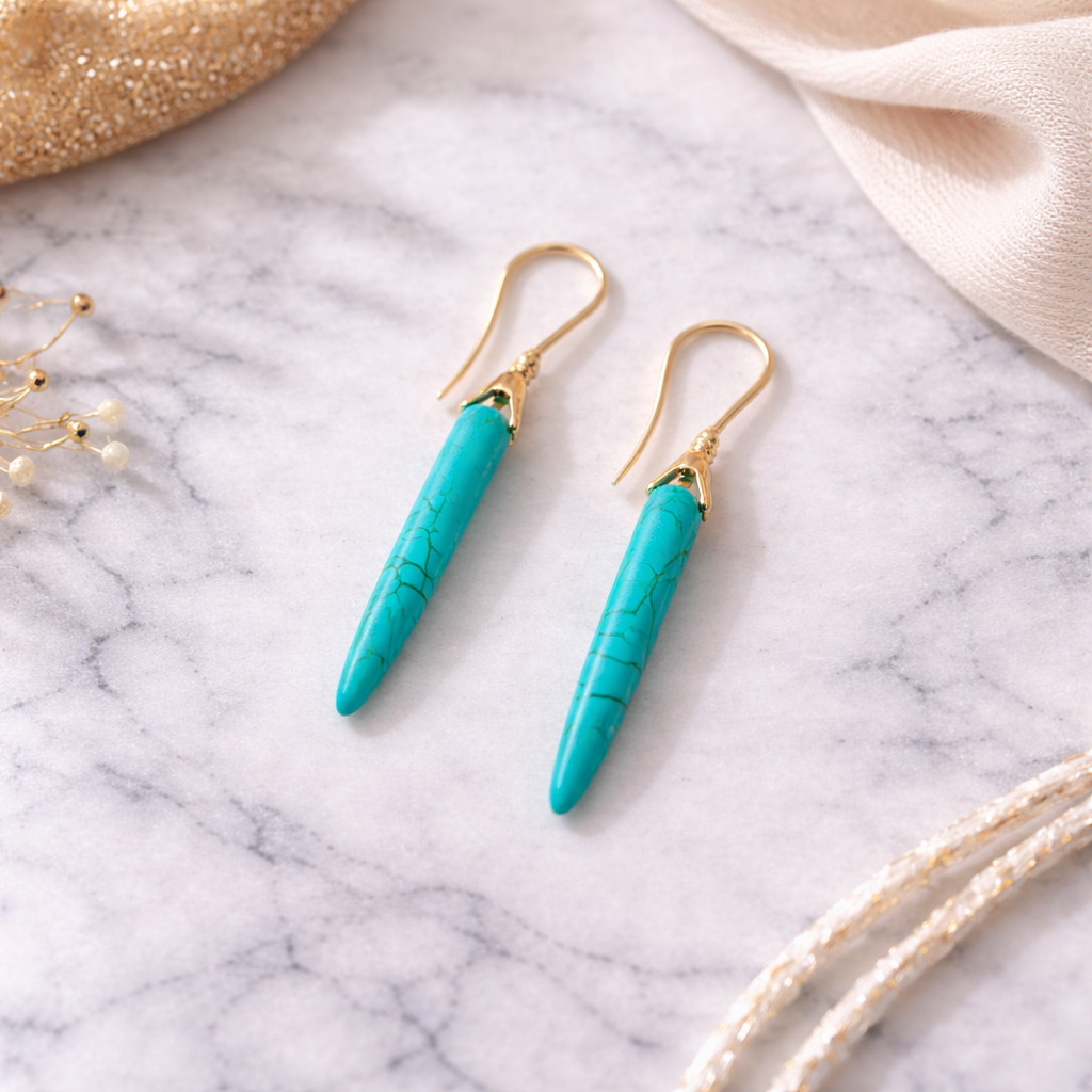 Turquoise Stone Spike Drop Earrings with Gold Wire Hooks