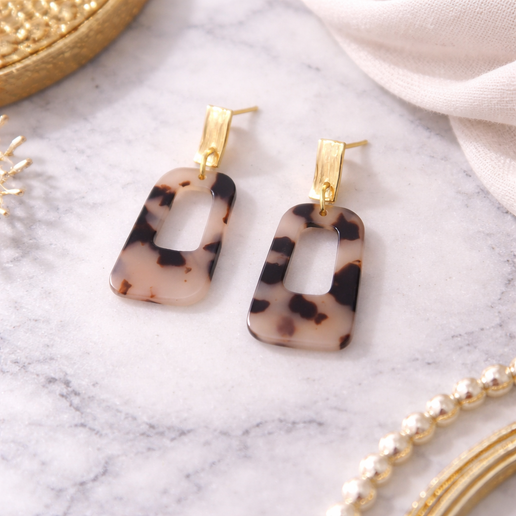 Cream Tortoiseshell Resin Open Square Drop Earrings with Textured Gold Studs