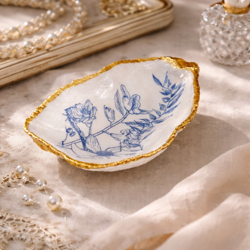 Oyster Shell Trinket Dish - Blue Toile Botanical with Gold Edge & Pearl Feet