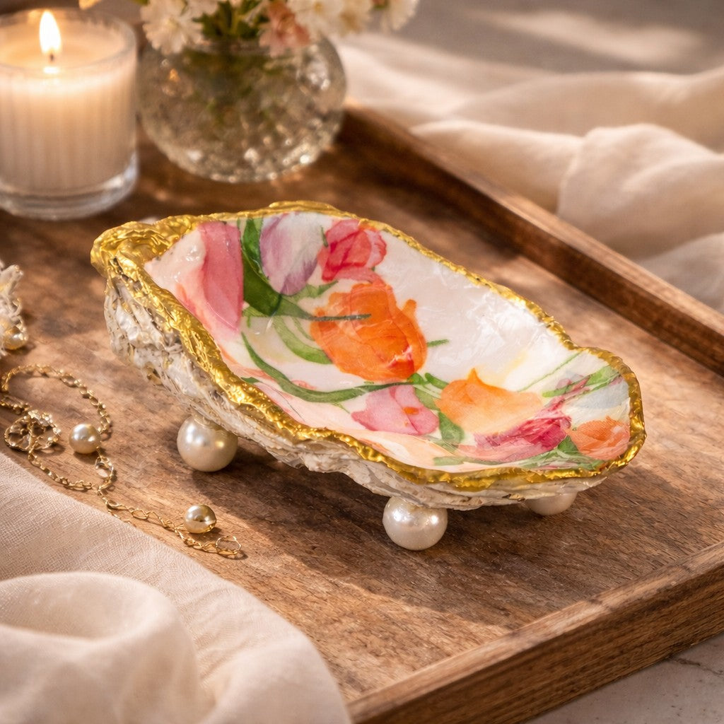 Oyster Shell Trinket Dish - Tulip Floral with Gold Edge & Pearl Feet