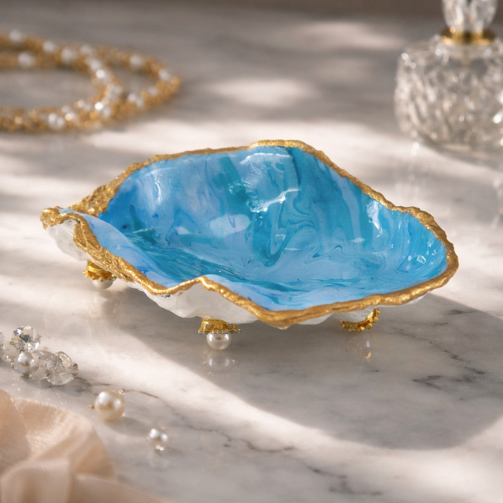 Oyster Shell Trinket Dish - Turquoise Ocean Swirl with Gold Edge & Feet