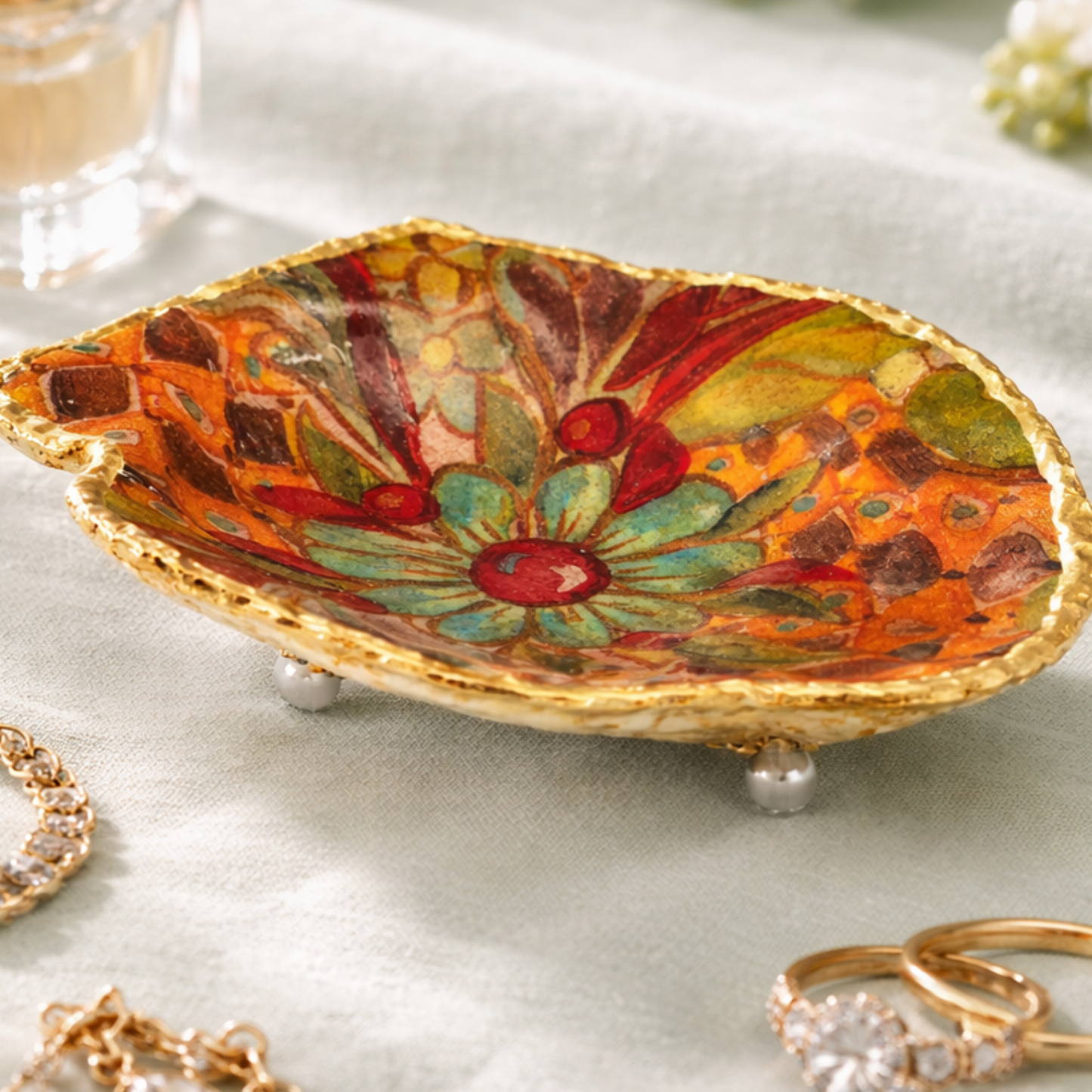 Scallop Shell Trinket Dish - Boho Floral Mosaic with Gold Edge & Pearl Feet