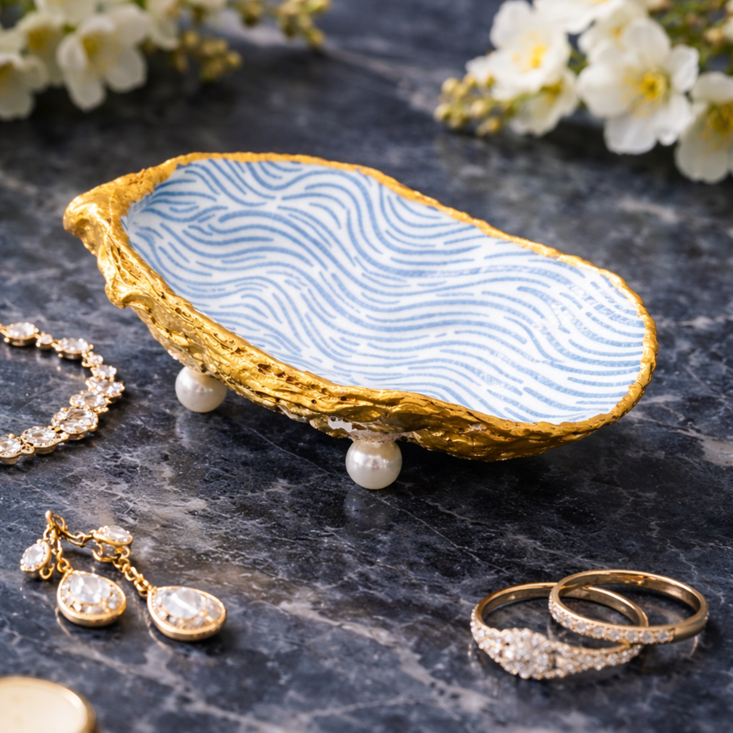 Oyster Shell Trinket Dish - Gold & Blue Wave with Pearl Feet