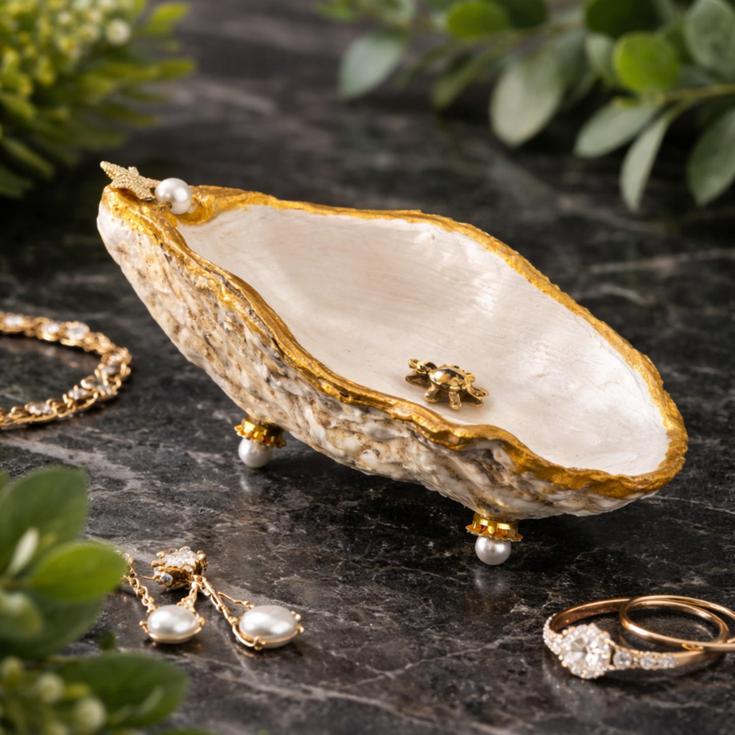 Oyster Shell Trinket Dish - Pearl White & Gold with Sea Turtle Charm